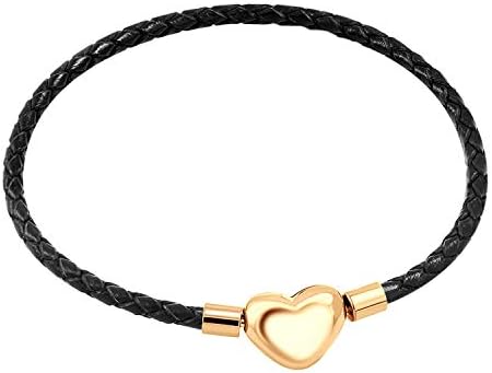 555Jewelry Braided Black Leather Heart Charm Bracelet Bangle for Women & Girls
