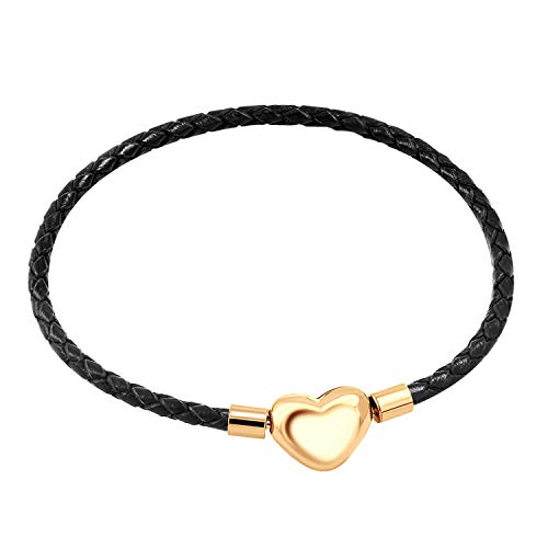 555Jewelry Braided Black Leather Heart Charm Bracelet Bangle for Women & Girls