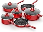 Ensemble de casseroles et pots de cuisson à induction 10 Pièce, BEZIA Lave-vaisselle Coffre-fort antiadhésif Cuisinières, Poignée de bakelite Stay-Cool, Ensembles de cuisine résistant aux rayures avec poêles, casseroles & Stockpot (Rouge)