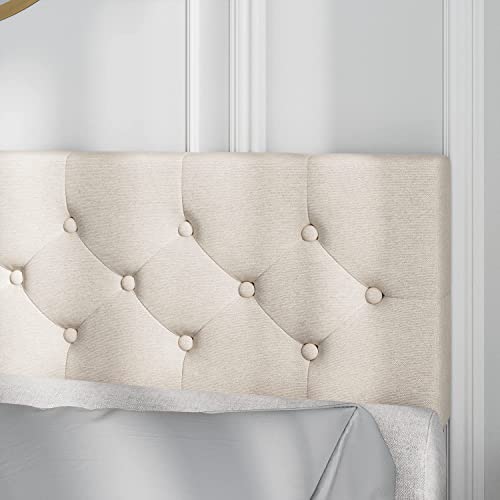 Catrimown King Size Bed Frame And Headboard，Upholstered Linen Fabric Platform Bed With Strong Wood Slat Support, Mattress Foundation, No Box Spring Needed, Easy Assembly, Beige #TOP6