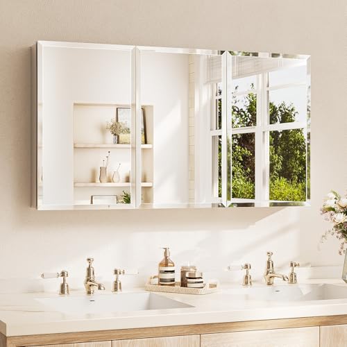 TETOTE 48 x 26 Medicine Cabinet with Tempered Beveled MirrorSilverVanity Mirror with Storage Aluminum Cabinet DTC Hinges, Stepless Adjustable Shelves, Recessed/Surface-Mounted