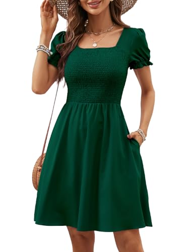 Image of Berydress Women's Summer Dresses 2026 Pockets Short Sleeve Square Neck Flowy A Line Casual Boho Smocked Mini Sun Dress