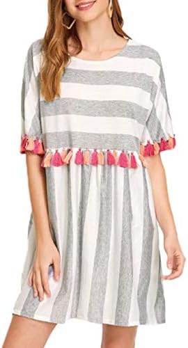Women's Plus Size Casual Loose Round Neck Short Sleeved Striped Colorful Tassel Trim Dress