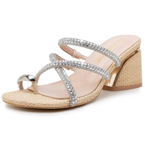 VEPOSE Vepose Women's Sparkly Strappy Block Heel Sandals, Open Toe Dressy Heels