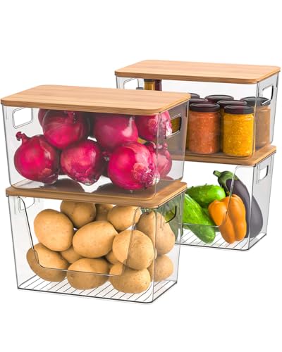 Pack of 4 Potato and Onion Storage, Stackable Pantry Organizers and Storage, Clear Fruit and Vegetable Storage with Bamboo Lid, For Produce Such as Potatoes, Onions, Fruit and Vegetable Storage