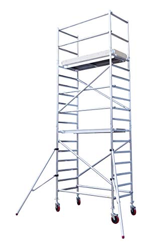 AC Steigtechnik Basic-M Rollgerüst - Aluminium Arbeitsgerüst, fahrbares Baugerüst, mobiles Gerüst für Innen & Außen, DIN EN 1004, 2x Plattform mit Luke, 6,30 m Arbeitshöhe