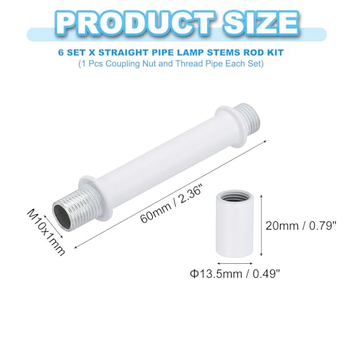 Image of PATIKIL Straight Pipe Lamp Stems Rod Kit, 6 Set M10 Carbon Steel 60mm(2.36 inch) Long Double End Thread Rod with Coupling Nuts Sleeve Connector for Table Lamps Chandeliers, White