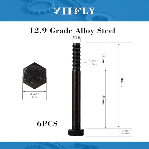 Image of M10x1.5 x 80mm Hex Head Screws Bolts, 12.9 Grade Alloy Steel, Hexagon Head Bolts, Black Oxide Finish, Half Thread, Quantity 6