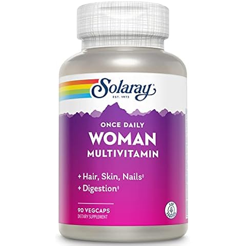 Solaray Once Daily Woman Multivitamin with Iron, Womens Multivitamin with Hair, Skin & Nails Blend, Enzyme Blend & Whole Food Base, Healthy Energy, Immune & Digestion Support, 90 Servings, 90 VegCaps Cover