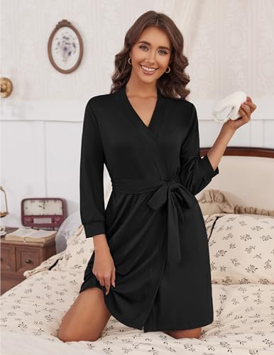 Ekouaer Women's Robe Lightweight 3/4 Sleeve Knit Bathrobe Soft Knee Length Sleepwear Robes with Pockets S-XXL4