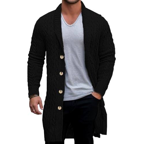 Men's Button Down Cable Long Sweater Cardigan Long Sleeve Shawl Collar Sweater Loose Fit Knit Winter Sweaters