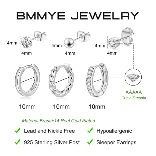 Bmmye Sterling Silver Stud Earrings For Women Cartilage Tiny Sleeper Earrings 6 Pairs Silver Huggie Hoop Earrings Hypoallergenic Mini Silver Hoops Small Silver Stud Earrings Set For Multiple Piercing #TOP4