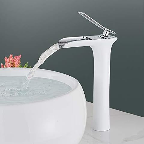 Onyzpily Basin Taps Tall Basin Mixer Tap Waterfall Polished Chrome/White Bathroom Tap for Washroom and Bathroom Basin Sink TapSingle Lever Cold and Hot Cover