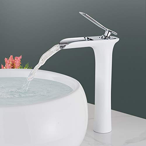 Onyzpily Tall Basin Mixer Taps Waterfall Polished Chrome/White Bathroom Tap for Washroom and Bathroom Basin Sink TapSingle Lever Cold and Hot