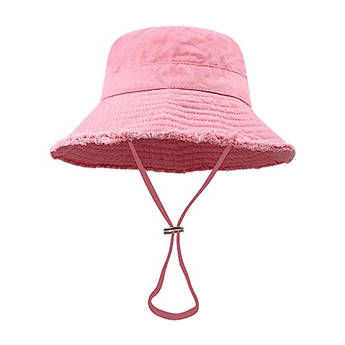 Dsgzkk Bucket Hat,Frayed Edge Fisherman Hat with Adjust Chin Rope Anti-Uv Bucket Hat for Adult Wide Brim Bucket Hat Pink
