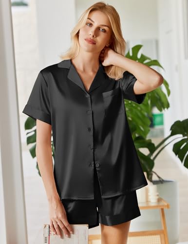 Image of Ekouaer Silk Pajamas for Women Button Down Sleepwear 2 Piece Pjs Shorts Set | Classic Short Sleeve Notch Neck Lounge Set with Pockets,Soft Cute Pj Set,Bridal Gifts,Pajama Party,Maternity Outfits