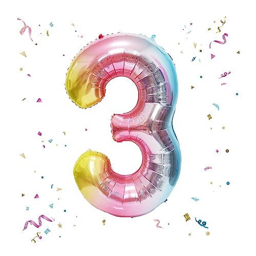 Image of 40 Inch Giant Rainbow Number 3 Balloons, Birthday Balloons, Helium Mylar Foil Big Number Balloons for Birthday Party Decorations, Kids' Birthday Anniversary Party Baby Shower Unicorn Parties