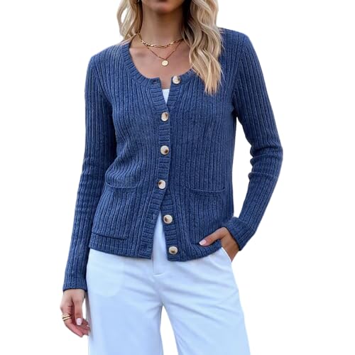 Lightweight Button Up Cardigan for Women Long Sleeve Ribbed Knit Shrug