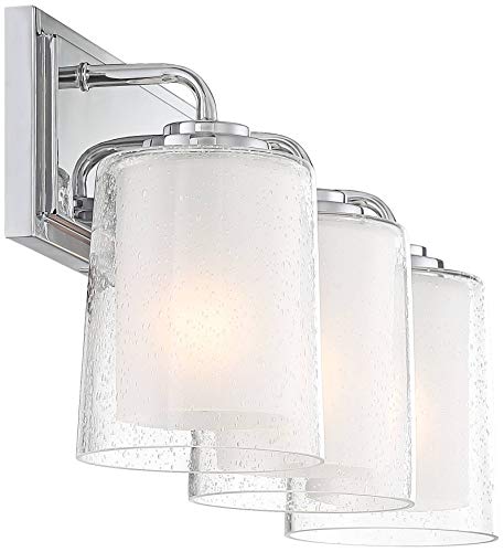 Image of Possini Euro Design Mabelle Modern Wall Light Chrome Silver Hardwired 22 1 /2 inch Wide 3-Light Fixture Mounted Clear Seedy Outer Frosted Glass Inner Bathroom Vanity Mirror House Home Hallway Room Decor