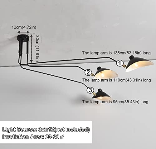 Lustre moderne du milieu du siècle à 3 bras noirs réglables pour salon chic - 6