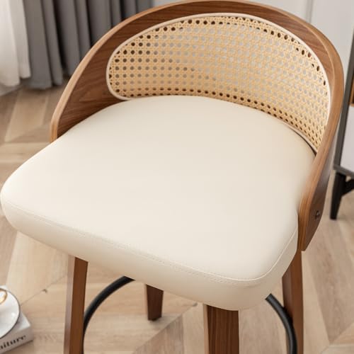 Image of 30 inch Swivel Rattan Bar Stools Set of 3 Mid-Century Modern Faux Leather Upholstered Bar Height Stools Kitchen Island Barstool with Rattan Low Backrest,Walnut Wood Finish Bar Chairs,Beige PU