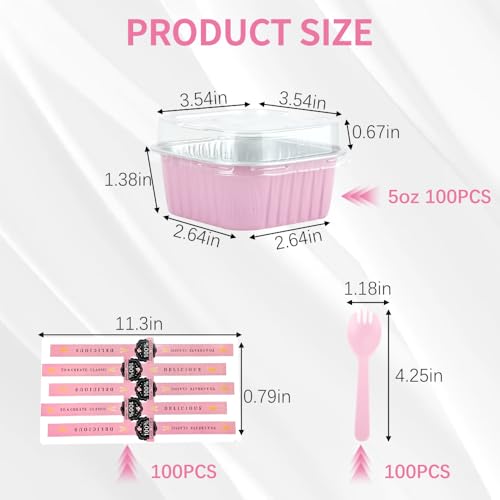 RETON 100 Pcs Mini Square Cake Baking Cups with Lids, 5oz Aluminum Foil Baking Pans Cupcake Liners - Image 2