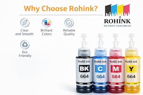 Image of ROHINK 664 Dye Refill Ink, Black, Cyan, Magenta, Yellow, for Epson L130 L360 L380 L565 L210 L220 L310, 5 Bottles (2Black + CYM) (L130,360,380,361,565,210,220, 310,350,355,365,385,405,455,485)