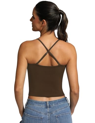 Fihapyli ICTIVE Womens Longline Sports Bra Camisole Adjustable Spaghetti Strap Padded Backless Workout Yoga Bra Coffee L
