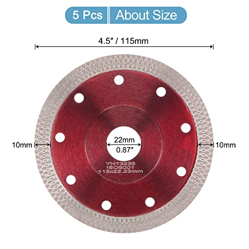 Harfington 5Pcs 4.5" Diamond Saw Blade Thin Cutting Wheel With X-Teeth Edge For Cutting Ceramic, Porcelain Tiles, Brick, And Concrete, 7/8" Arbor, Red #TOP1