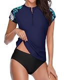 Holipick Leaves Blue Two Piece Short Sleeved Rash Guard Cap Sleeve Bathing Suit Zipper Swimsuit Bulid in Bra Swim Shirt Women M