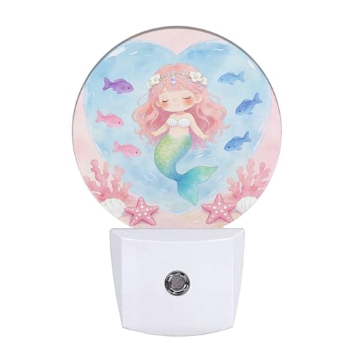Image of Mermaid Silhouette Night Light Beauty Moon Night Fish Tail Grass Field Yellow Black Plug-in Nightlight Energy Saving 0.5W LED Lighting for Boys Girls Men Women