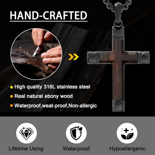 Image of Wooden Cross Necklace for Men with Stainless Steel Adjustable Chain 24-26in, Christian Wood Crucifix Pendant Gift for Him