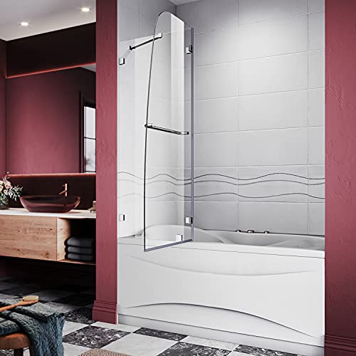 Elegant 48" W X 58" H Frameless Hinged Bathtub Door 5/16" Clear Tempered Glass Hinged Pivot Framless Stationary Panel Tub Shower Doors Support Bar Included Chrome Finish #TOP1