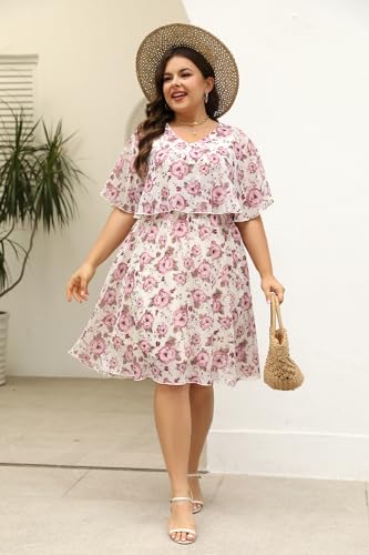 Image of Keluummi Plus Size Wedding Guest Dress for Curvy Women, Boho Floral Empire Waist Midi with Sleeve
