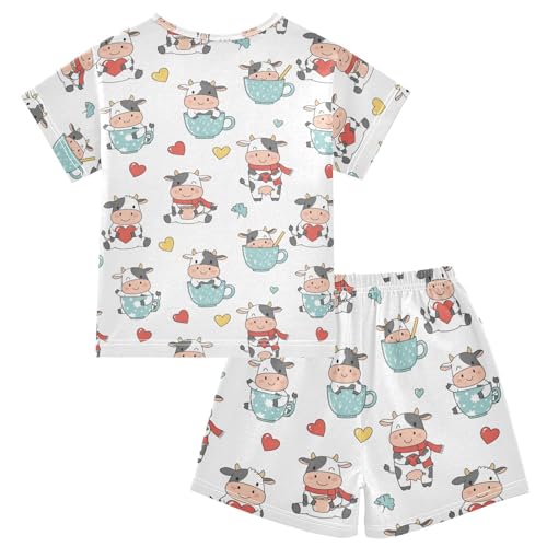 Pajama Short Sets Cute Cows in Cups Pattern Soft Cotton Summer Sleepwear 2 Piece PJS Size 5-14T2