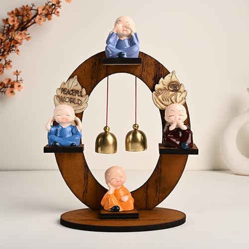 Floweraura Decorative Set of 4 Adorable Buddha Monks On Wooden Stand with Bells for Peaceful Home Decor & Office Decor, Special Gifting, Ideal for Living Room, Meditation Spaces & Special Occasions