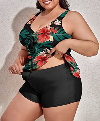 Image of Modest Tankini Swimsuits for Women Two Piece Bathing Suits Floral Print Tank Top with Boyshorts Tummy Control Swimming Suits