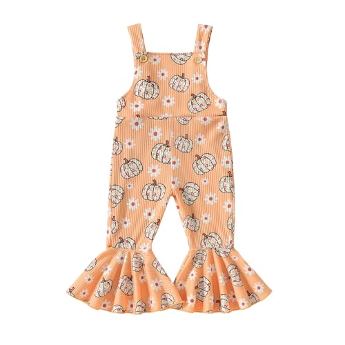 Noubeau Toddler Baby Girls Halloween Outfit Pumpkin Dot Suspender Romper Jumpsuit Bell-Bottom Pants Fall Girl Clothes