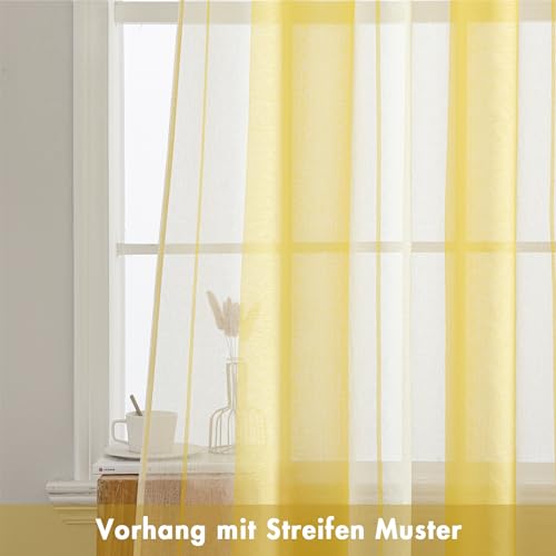MIULEE Gardinen Gestreift Transparent mit Ösen, Voile Vorhänge Wohnzimmer Modern 2er Set, Vorhang Schlafzimmer Transparent mit Gelb Weiss Gestreift Muster, Vorhang Halbtransparent Streifen 140X225 cm