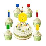 Building Blocks Cupcake Toppers Brick Theme Drink Cake Toppers Pick for Muffin Baby Shower Kids Boy Girl Birthday Party Cake Decorations - 25 Pack