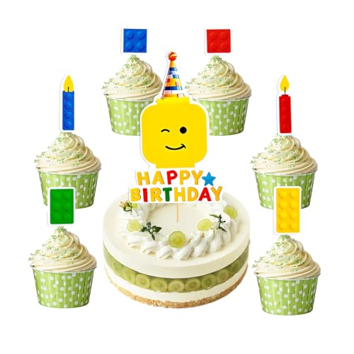 Building Blocks Cupcake Toppers Brick Theme Drink Cake Toppers Pick for Muffin Baby Shower Kids Boy Girl Birthday Party Cake Decorations - 25 Pack