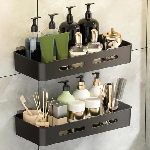 MorivaHomes Self Adhesive Bathroom Shelf for Wall Shelf Organizer Wall Mounted Bathroom Shelves Rack Holder Stand for Bathroom Accessories Organiser Without Drill (Black, Pack of 2)