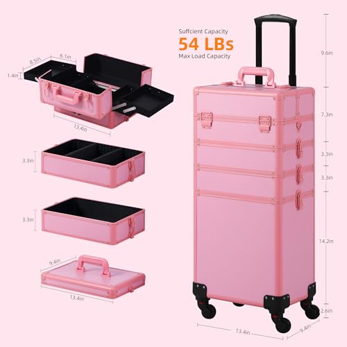 Somduy Makeup Train Case, Rolling Makeup Case with Lid, 5 in 1 Cosmetology Case on Wheels, Christmas Gift, Large Makeup Case Organizers, Profesional Cosmetic Case for Salon Barber, Pink