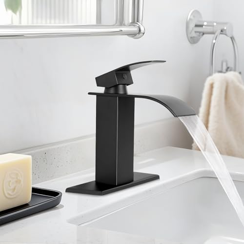 RNDIOZD Matte Black Bathroom Faucets, Waterfall Bathroom Sink Faucet Modern Single Handle Bathroom Faucte 1 or 3 Hole, RV Mixer Tap Vanity Faucet - Includes Pop-up Drain Supply Hoses Deck Plate by RNDIOZD - Image 6