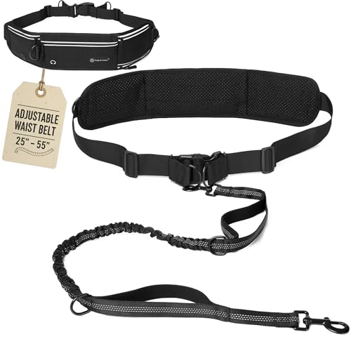 Tails & Tales Hands Free Dog Leash with Waist Pouch, Lumbar Support Upgraded, Bungee Reflective Leash, Adjustable Belt 25-55', Walking Running Hiking Training for Dogs Up to 125lbs (Black, One Dog)