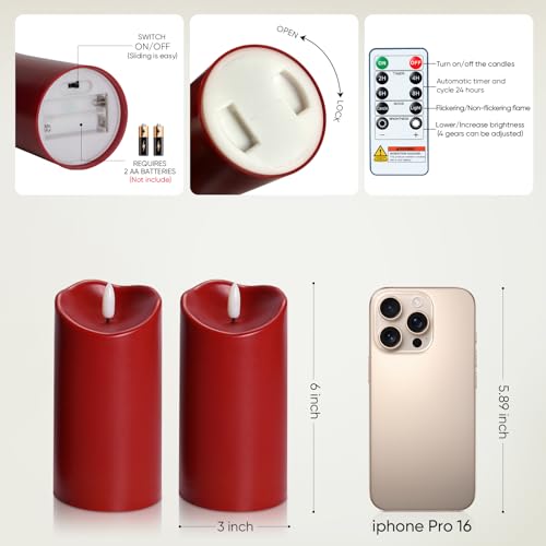 Image of Raycare 6 inchx3 inch Outdoor Waterproof Flameless Candles with Remote and Timer, Battery Operated LED Electric Fake Pillar Candle for Valentine's Day, Home, Wedding Decor, Red, Set of 2