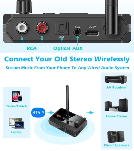 Image of KAIY Bluetooth 5.3 Receiver for Home Stereo, Optical Low Latency & HD Music Audio Bluetooth to RCA Adapter for Stereo /Speakers /Wired Speakers /Home Audio Music Streaming Stereo System, Support AUX /USB