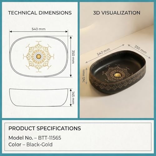 Image of BASSINO 21x14x6 Inches Designer Moroccan Ceramic Table Top Wash Basin /Black Matte & Gold Floral Art Sink for Bathroom /Handcrafted Rectangular Countertop Washbasin for Office /Hotel(Matt)