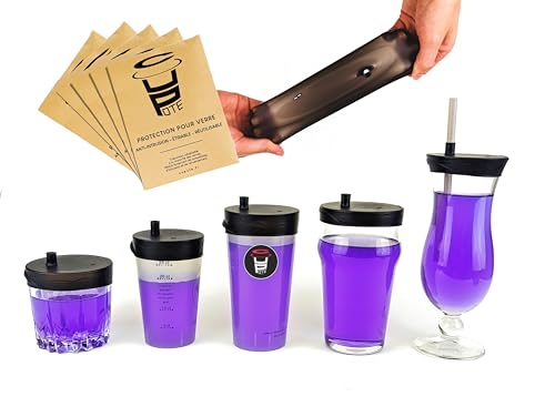 Juego de 5 protectores antidrogas reutilizables de silicona extensible | Capota de cristal | Paja incrustada | Tapa antidrogas antivuelco