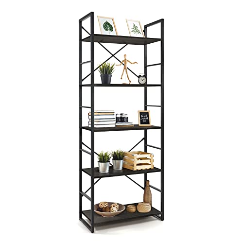 Image of CAPHAUS 5 Tier Bookshelf, 24 Inch Width Free Standing Shelf, Bookcase Shelf Storage Organizer, Industrial Book Shelves for Home Office, Living Room, Kitchen, Black Vintage Shelves & Metal Frame